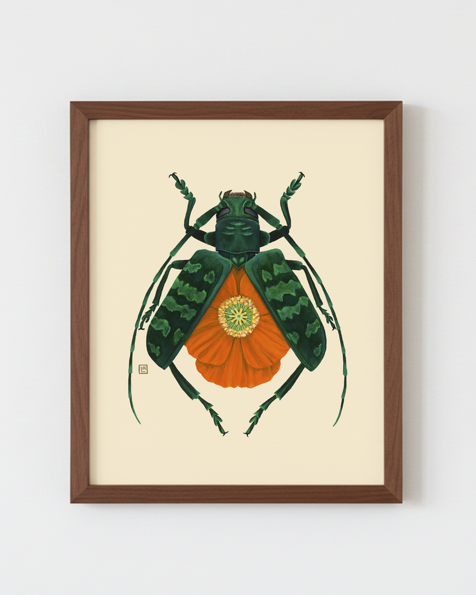 Orange Poppy-Green Longhorn Beetle (art print)