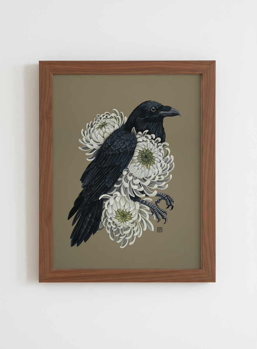White Chrysanthemums + Raven (art print)