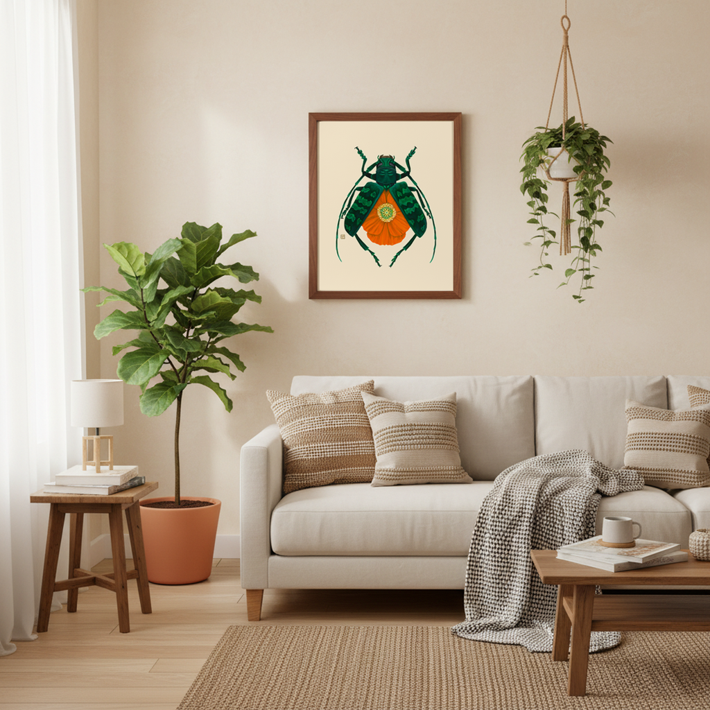 Orange Poppy-Green Longhorn Beetle (art print)