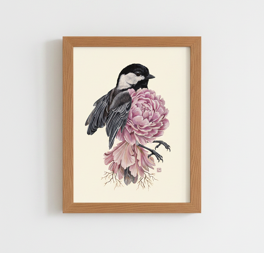 Peony Chickadee (art print)