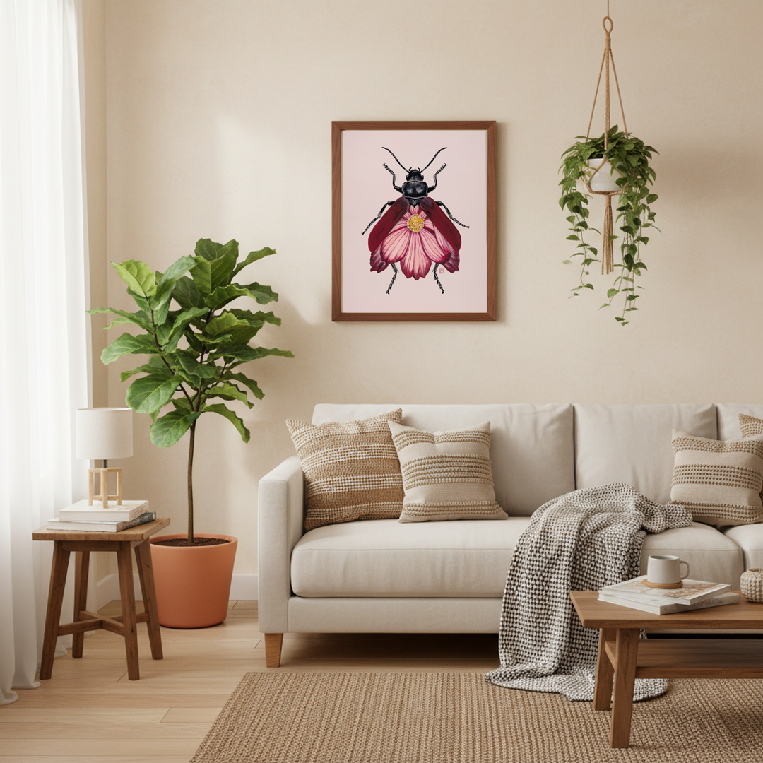 Pink Cosmos + Leaf Beetle (art print)