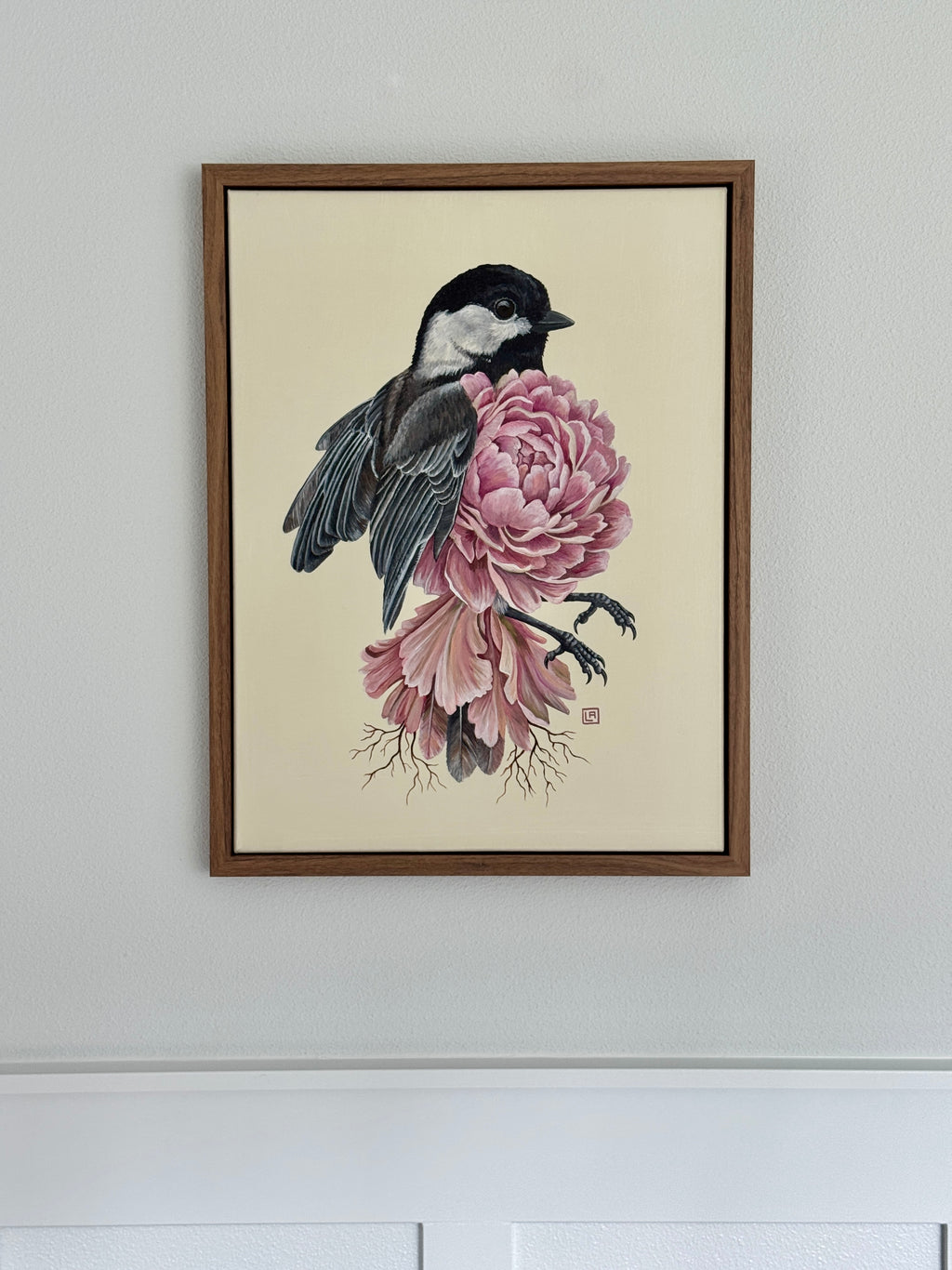 Pink Peony + Chickadee (original painting)