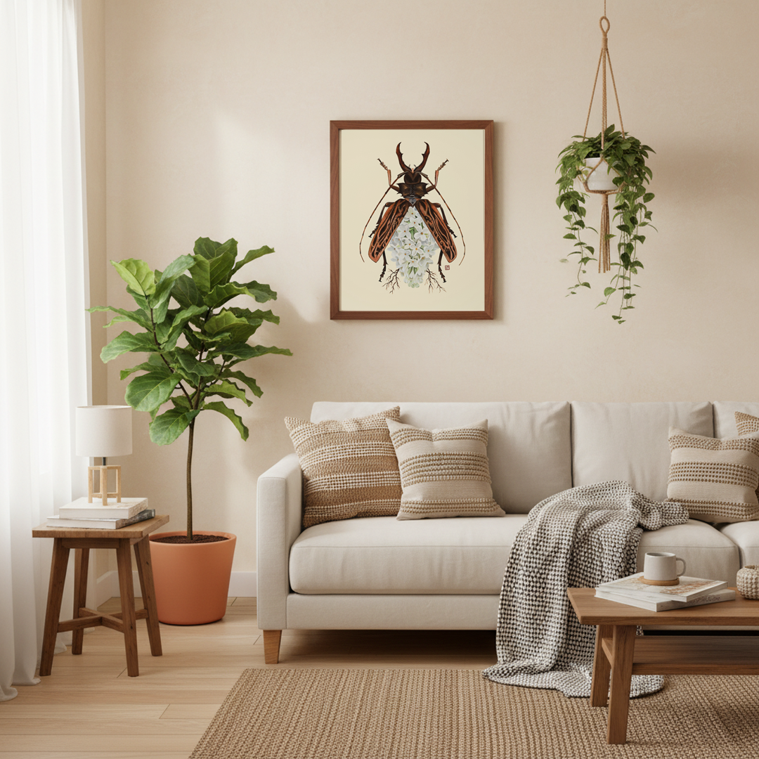 White Lilac + Macrodontia Beetle (art print)