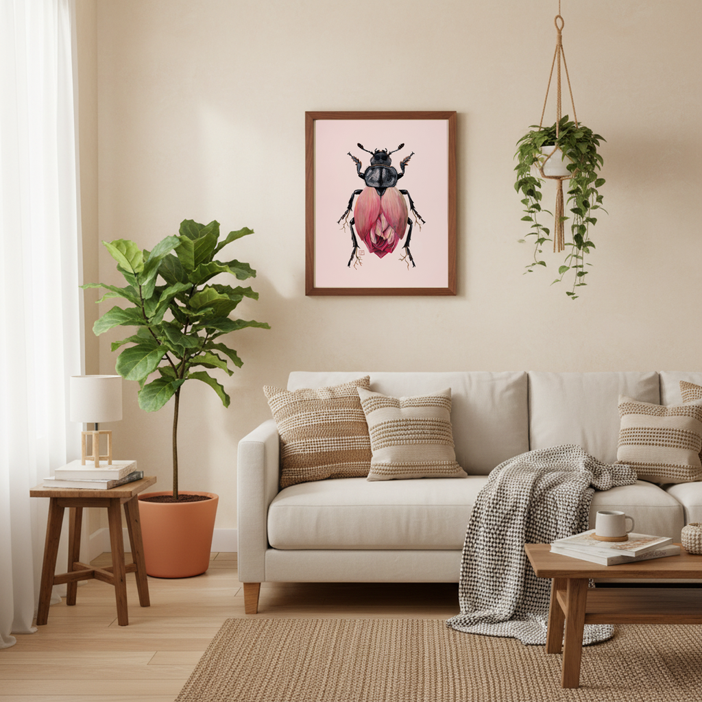 Pink Lotus + Carrion Beetle (art print)