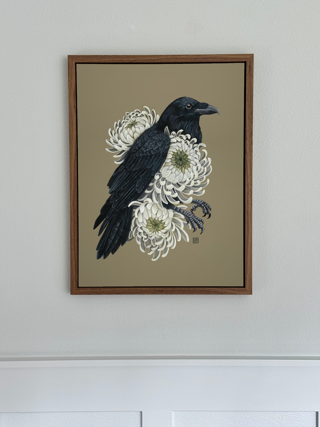 White Chrysanthemums + Raven (original painting)