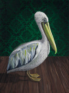 Painting of a pelican on a wooden floor with green patterned wallpaper.
